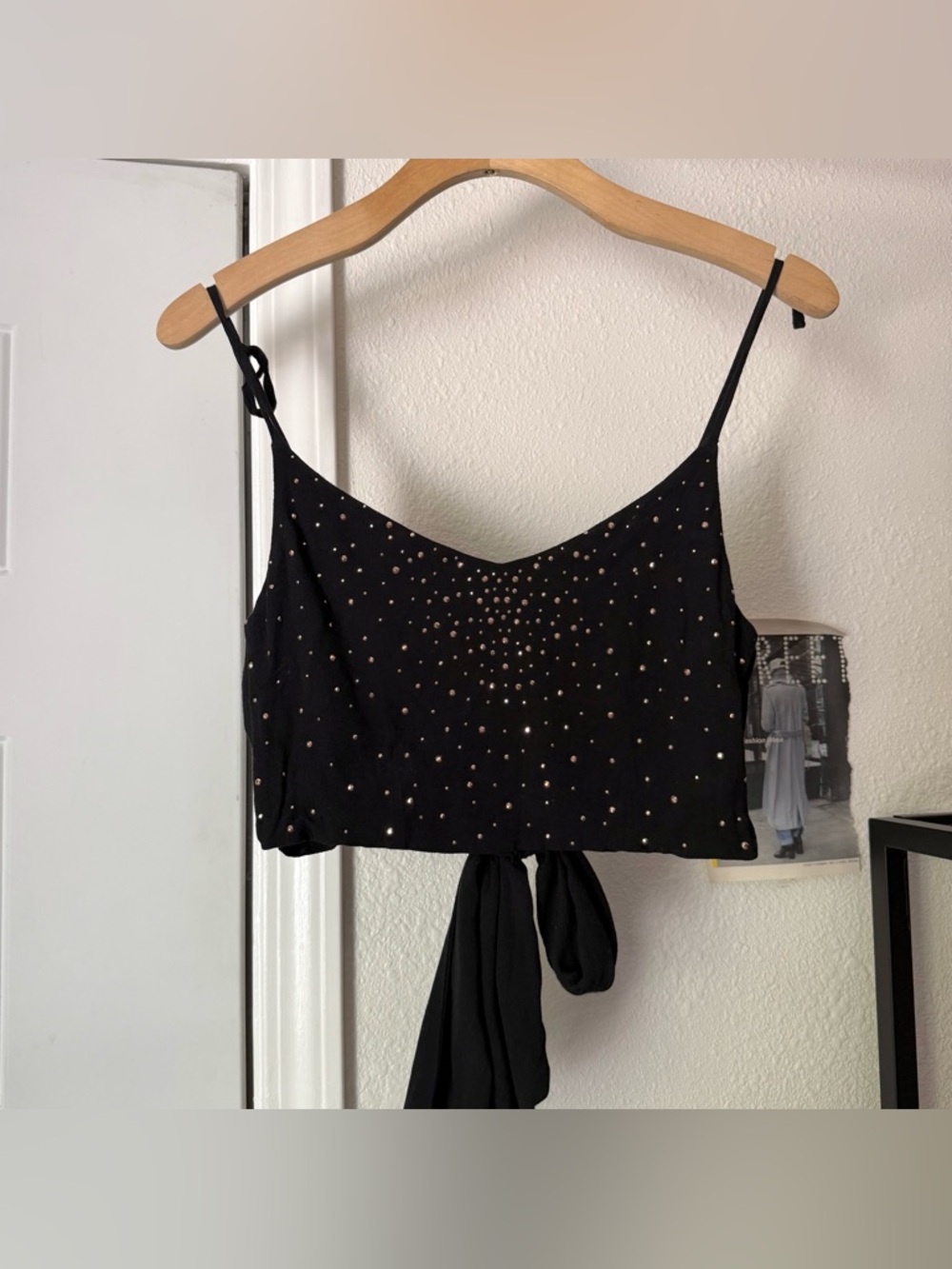 NATALIA ANTOLIN black gold rhinestone beaded tie back cropped tank top